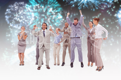 Composite image of very enthusiast people jumping and raising th