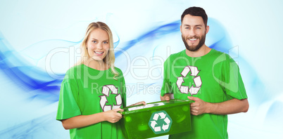 Composite image of portrait of smiling volunteers carrying recyc