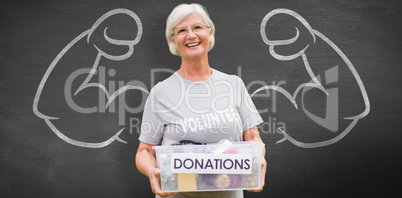 Composite image of happy grandmother holding donation box