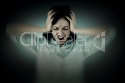 Composite image of depressed woman shouting