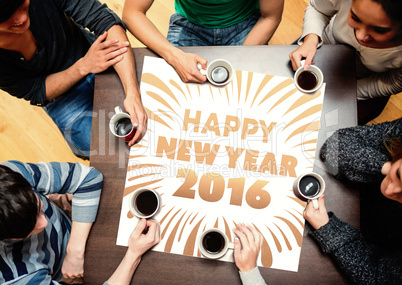 Composite image of people sitting around table drinking coffee