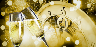 Composite image of champagne glasses clinking