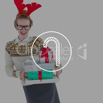 Composite image of happy geeky hipster holding presents