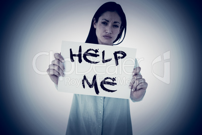 Composite image of sad woman showing sign