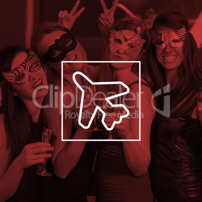 Composite image of attractive women wearing masks holding champagne