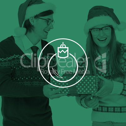 Composite image of geeky hipster couple holding present