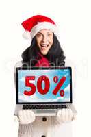 Composite image of smiling woman holding a laptop