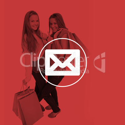 Composite image of two beautiful young women with shopping bags the thumbup