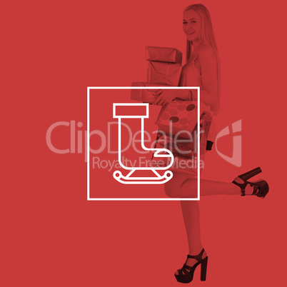Composite image of pretty young blonde holding shopping bags and gifts