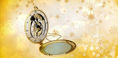 Composite image of old fashioned pocket clock with chain