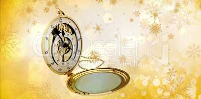 Composite image of old fashioned pocket clock with chain