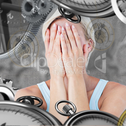 Composite image of sad blonde woman with head on hands