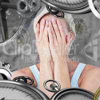 Composite image of sad blonde woman with head on hands