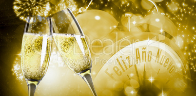 Composite image of champagne glasses clinking