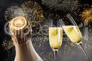 Composite image of champagne glasses clinking