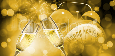 Composite image of champagne glasses clinking