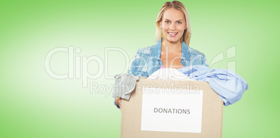 Composite image of portrait of cheerful woman volunteer