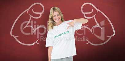 Composite image of portrait of a happy female volunteer pointing