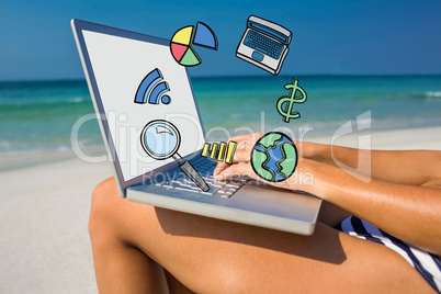 Composite image of woman using laptop on deck chair