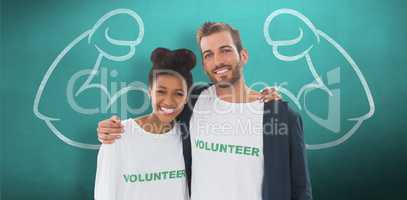 Composite image of portrait of two young volunteers with arms ar