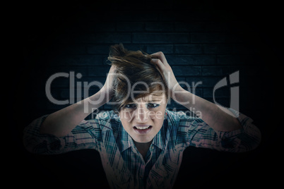 Composite image of pretty brunette getting a headache with hands