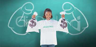 Composite image of smiling volunteer woman holding money bags