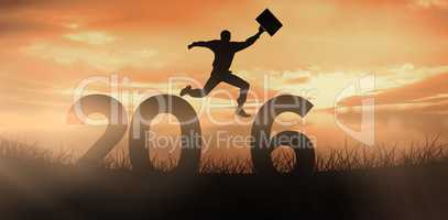 Composite image of businessman jumping with briefcase
