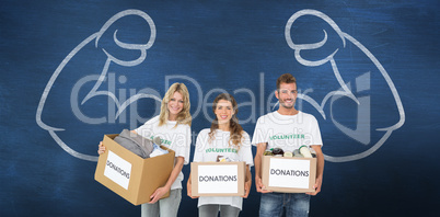 Composite image of portrait of three smiling young people with d
