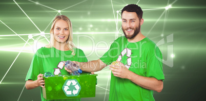 Composite image of portrait of happy man holding bottle