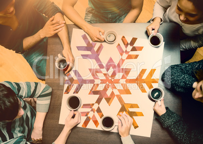 Composite image of people sitting around table drinking coffee
