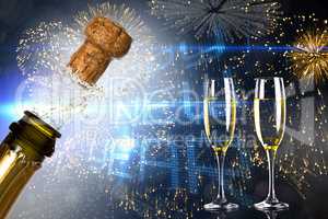Composite image of close up of champagne cork popping