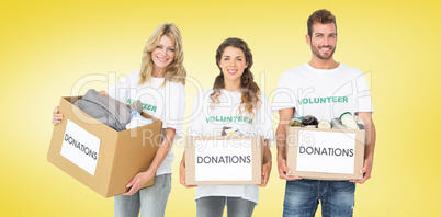 Composite image of portrait of three smiling young people with d