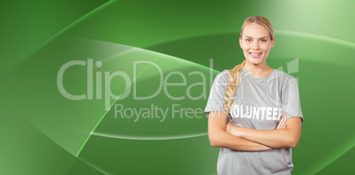 Composite image of portrait of beautiful smiling woman with arms