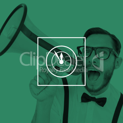 Composite image of geeky businessman shouting through megaphone