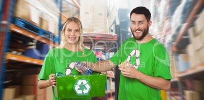 Composite image of portrait of happy man holding bottle