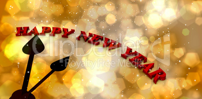 Composite image of digitally generated image of happy new year on clock