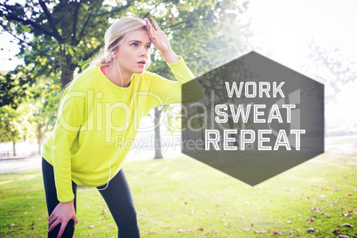 Composite image of active exhausted blonde pausing after running