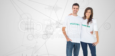 Composite image of two cheerful people wearing volunteer tshirt