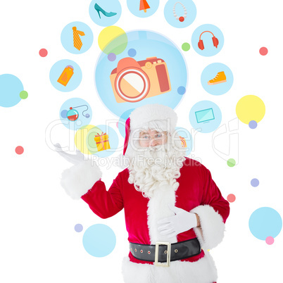 Composite image of happy santa with his hand out