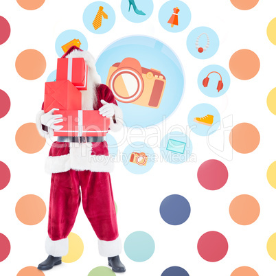 Composite image of santa carrying gifts