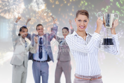 Composite image of close up of a woman holding a cup with people