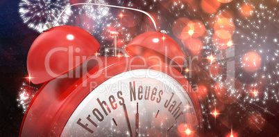 Composite image of frohes neues jahr in red alarm clock