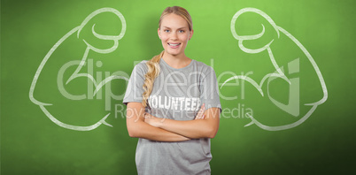 Composite image of portrait of beautiful smiling woman with arms