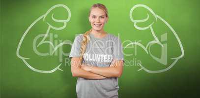 Composite image of portrait of beautiful smiling woman with arms