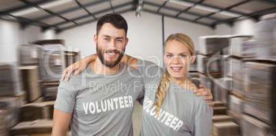 Composite image of portrait of colleagues with arms around stand