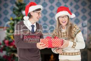 Composite image of geeky hipster couple holding present