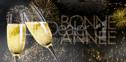 Composite image of champagne glasses clinking