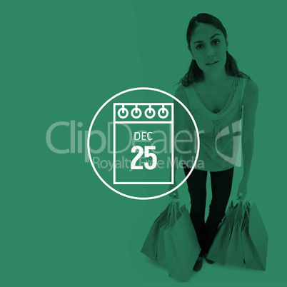 Composite image of portrait of a tired woman posing with shopping bags