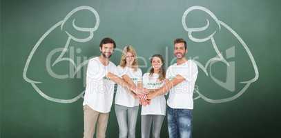 Composite image of group portrait of happy volunteers with hands