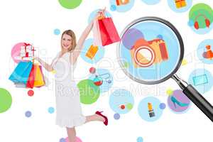 Composite image of elegant blonde with shopping bags and gifts